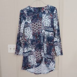 New Directions Navy,Red,Gray,White Floral Knotted Tunic Blouse WM  EUC